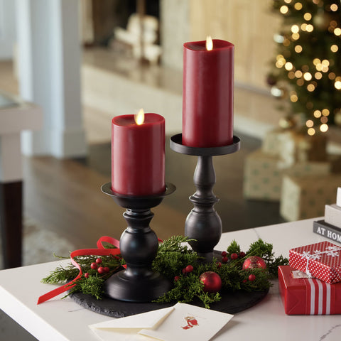 Luminara burgundy candle shown with remote-ready compatibility for convenient control