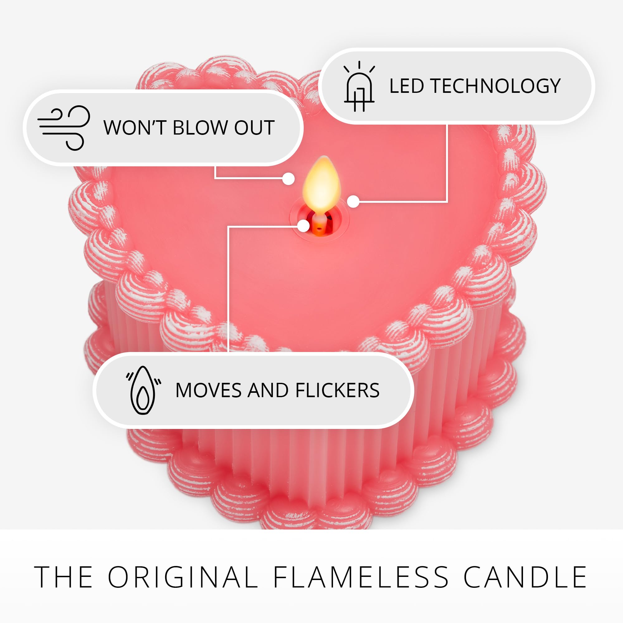 Luminara pink heart candle with remote-ready design enables convenient control.