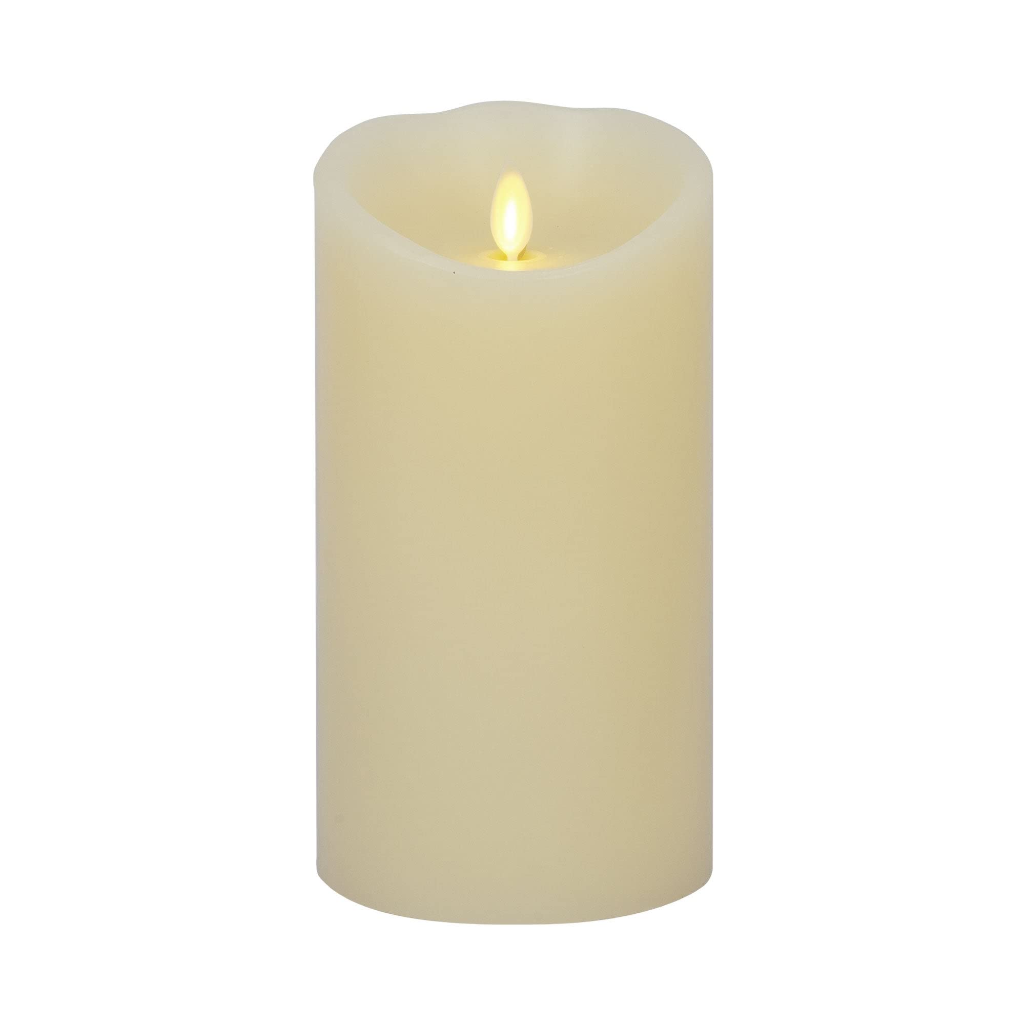 Luminara scalloped-edge candle ivory 4x7 with moving flame for warm ambience.