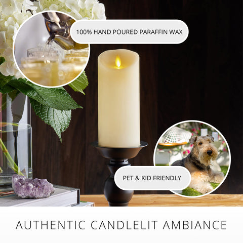 Luminara ivory close-up reveals wax texture and realistic flicker.