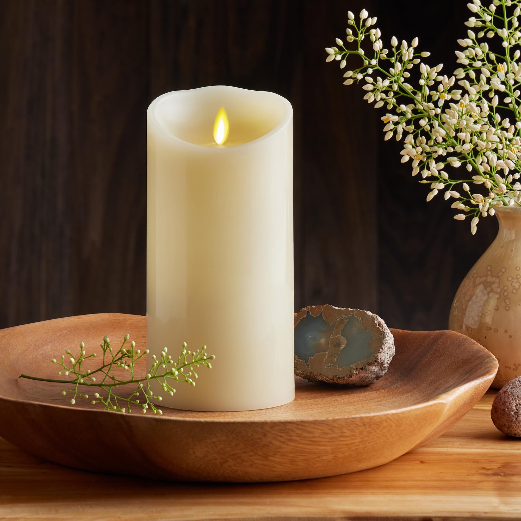 Luminara soft-glow ivory pillar candle enhances evenings and gatherings.