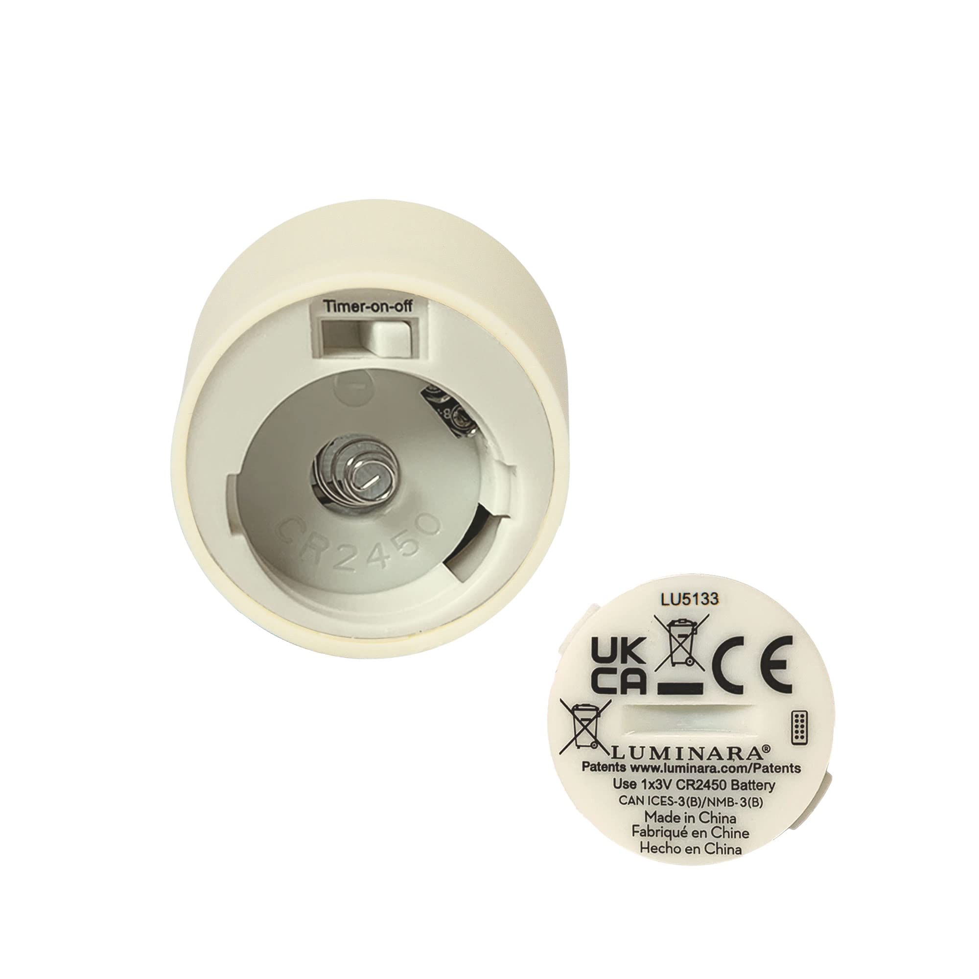 Luminara timer tealight 5h on, 19h off for easy scheduling.