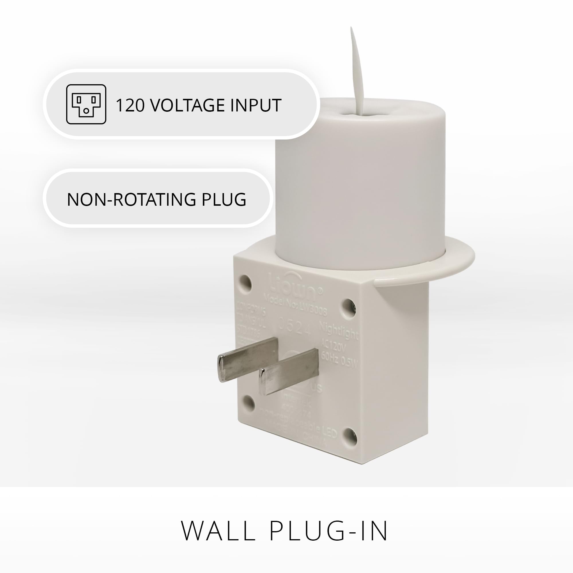 Luminara two-prong plug design preserves bottom outlet space