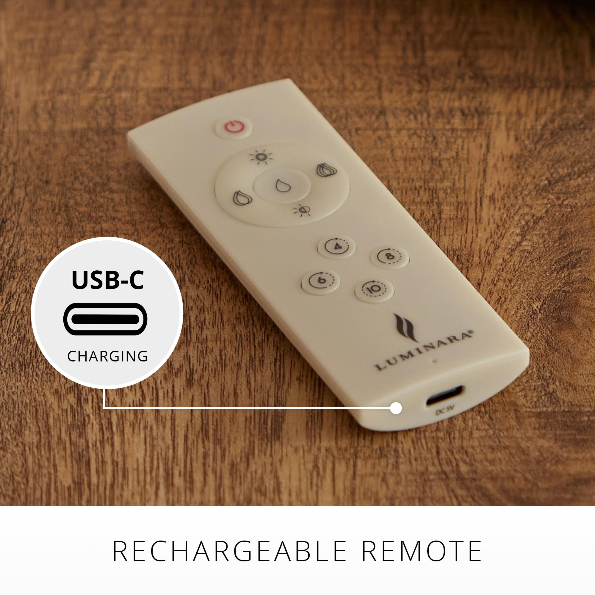 Luminara USB Type-C cable included powers the rechargeable remote.