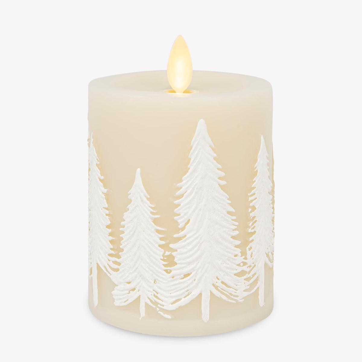 Luminara White Swan embossed trees candle with moving flame for warm, safe ambience.