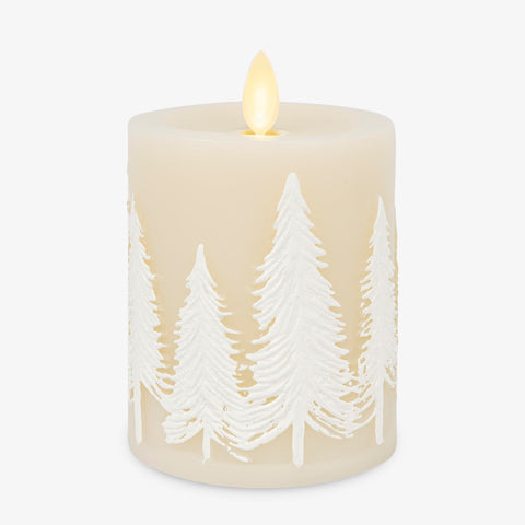 Luminara White Swan embossed trees candle with moving flame for warm, safe ambience.