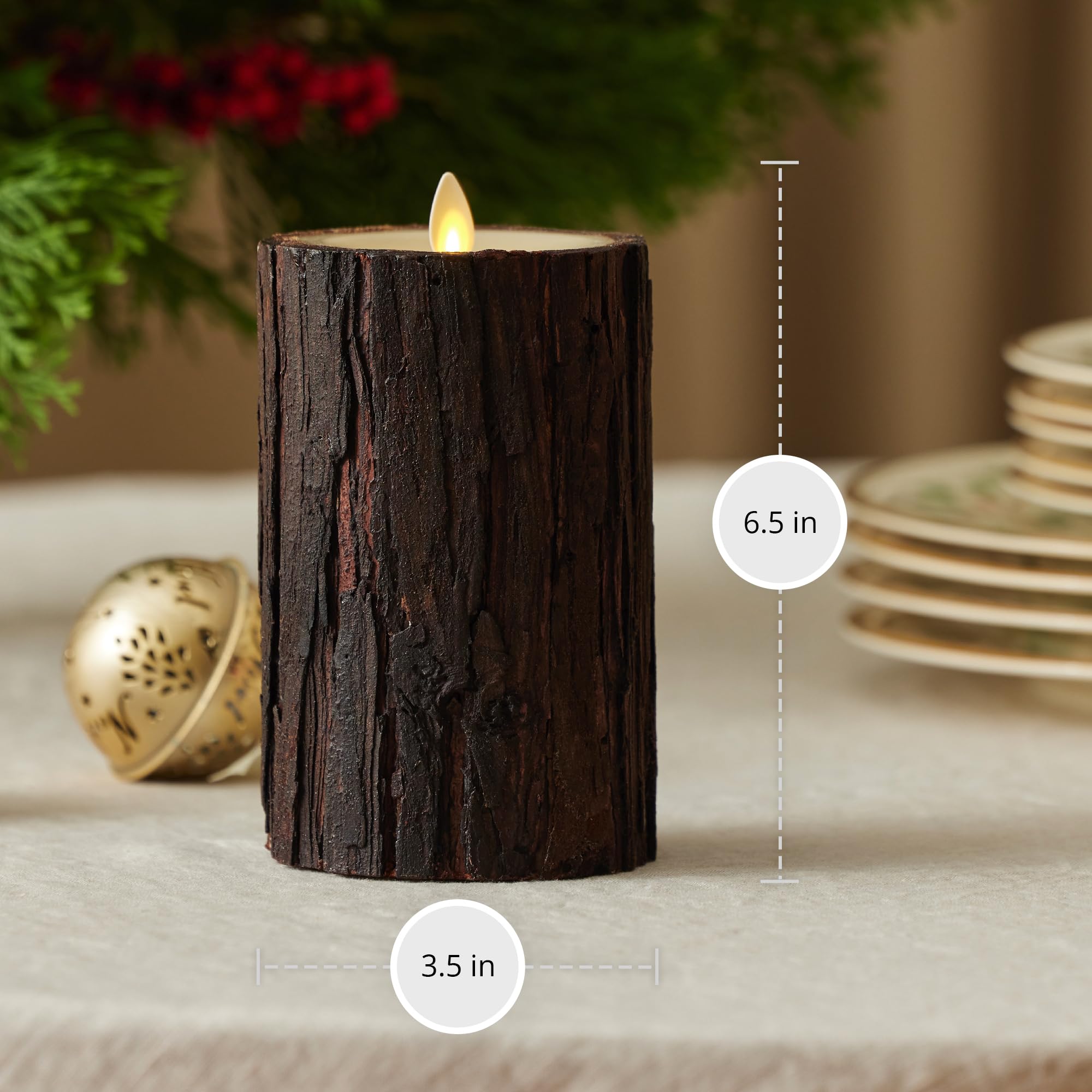 Luminara wood bark wrap detail enhances rustic holiday tables