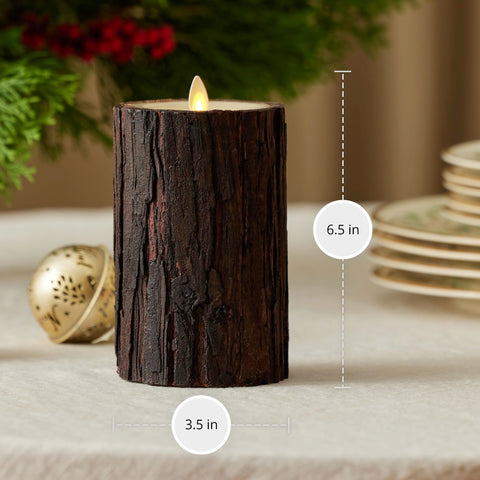 Luminara wood bark wrap detail enhances rustic holiday tables