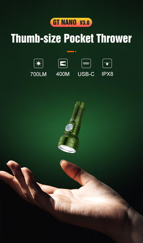 Lumintop GT Nano beam reaches 400 meters in open spaces.