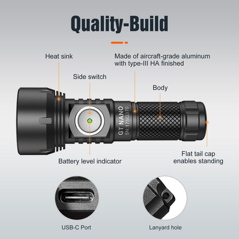 Lumintop GT Nano beam distance 300 m for long-range illumination.