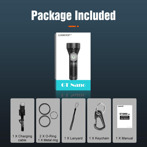 Lumintop GT Nano box includes battery and essential accessories.