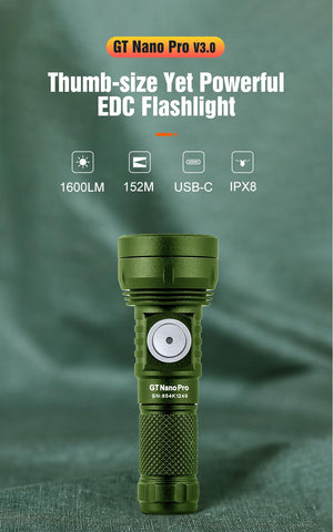 Lumintop GT Nano Pro3.0 beam-1600-lumens illustrating long-range light for dark trails.
