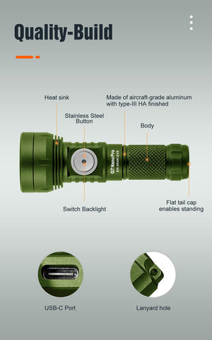 Lumintop GT Nano Pro3.0 green color option for easy identity and style.