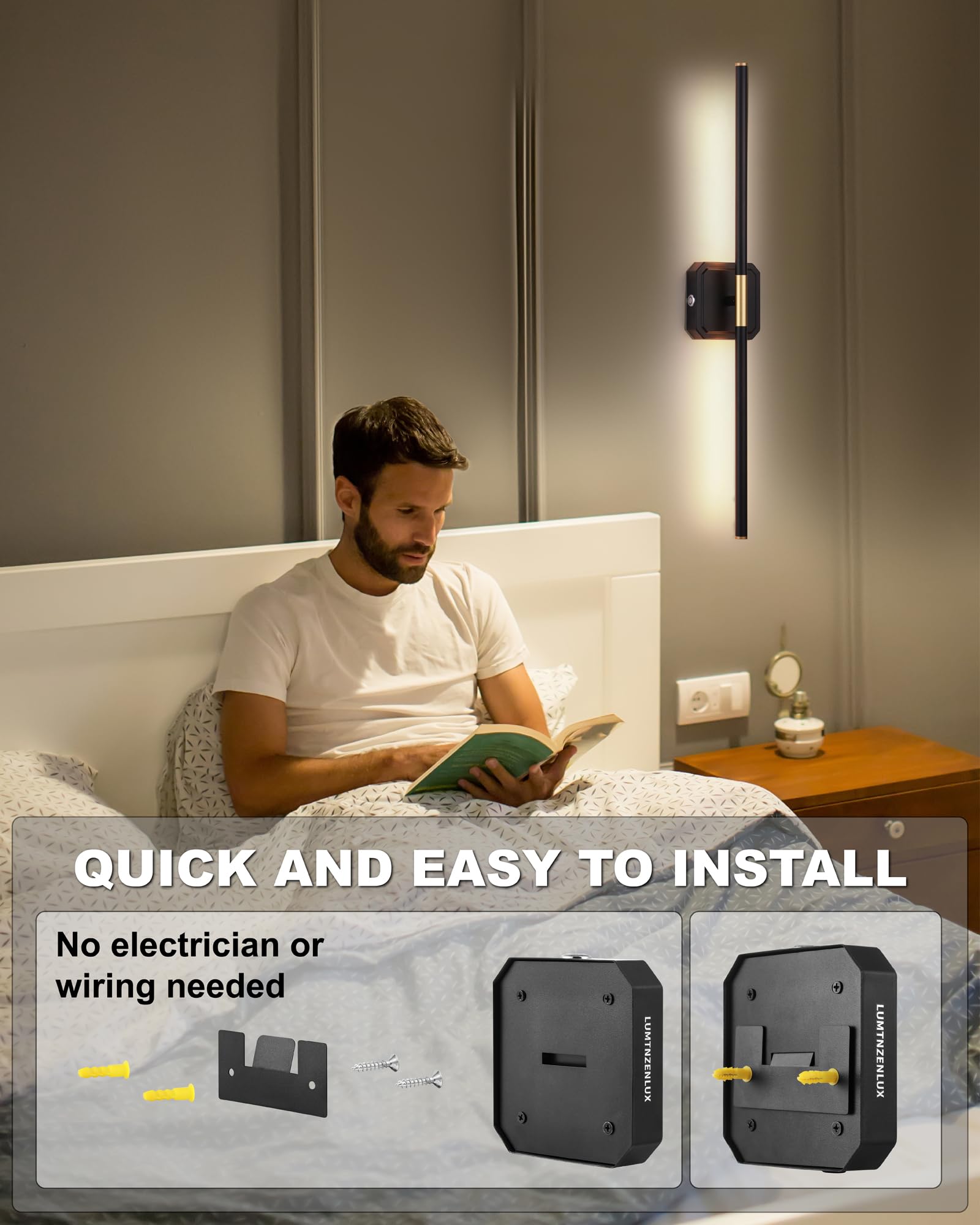LUMINZENLUX battery wall sconce dimmable shows adjustable color temperature for mood lighting.