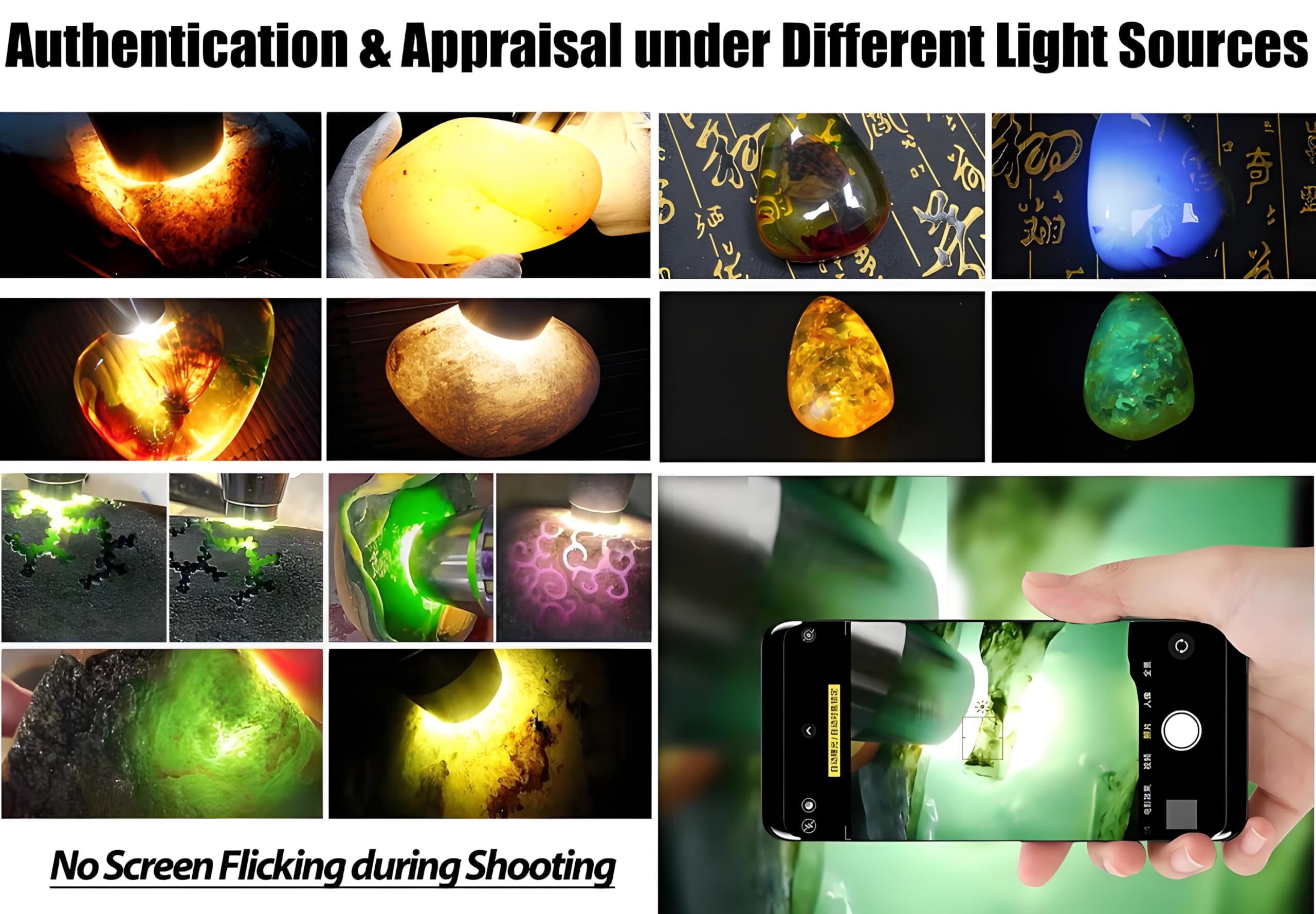 Lumirio Gemstones UV Flashlight in-use on gemstones for quick testing