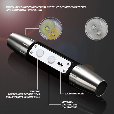Lumirio Gemstones UV Flashlight white-yellow mode provides versatile lighting for checks