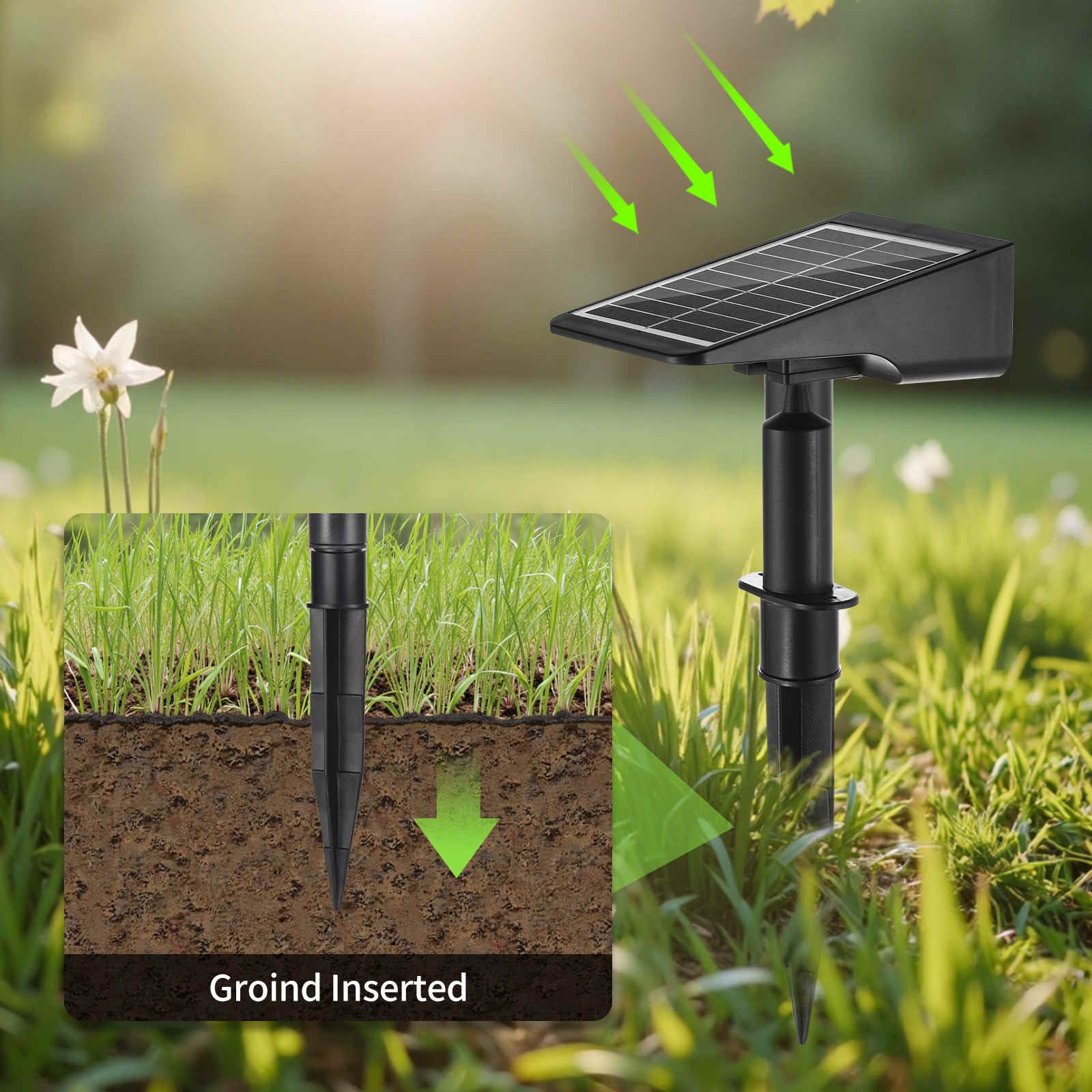 LUMLLSAJI Solar Spotlight yard-path illumination for pathways and borders.