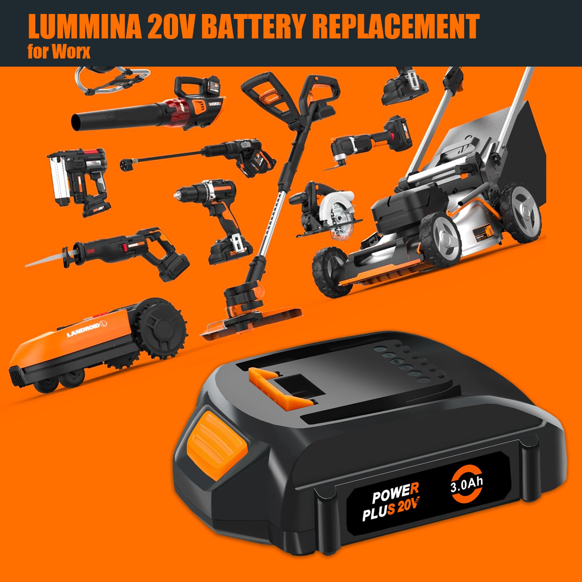 Lummina Worx 20V battery charger enables quick top-ups.