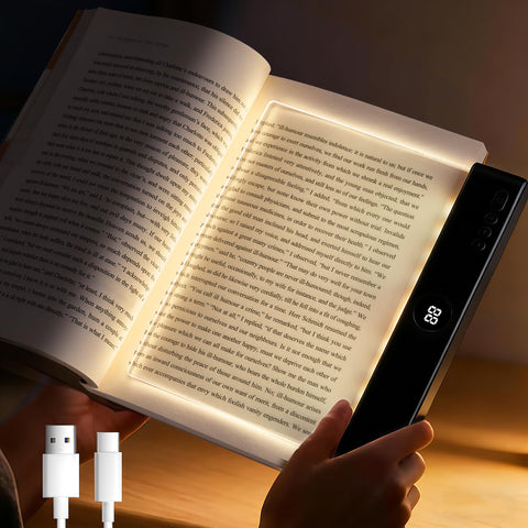 Lumoza Book Light flat panel close-up, showcasing slim profile for bedside reading