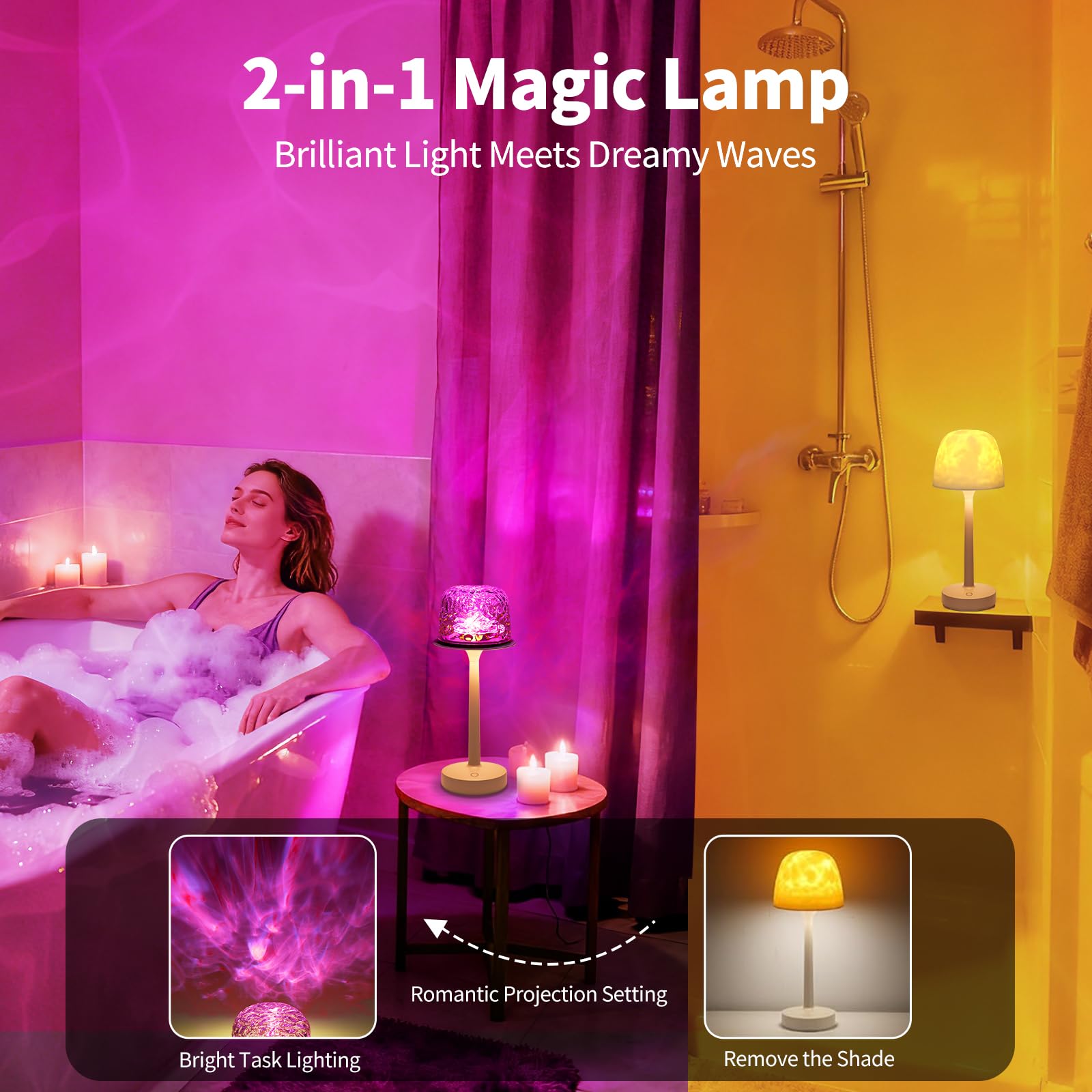 Lumoza remote-control lamp in bathroom for easy color and brightness adjustment.