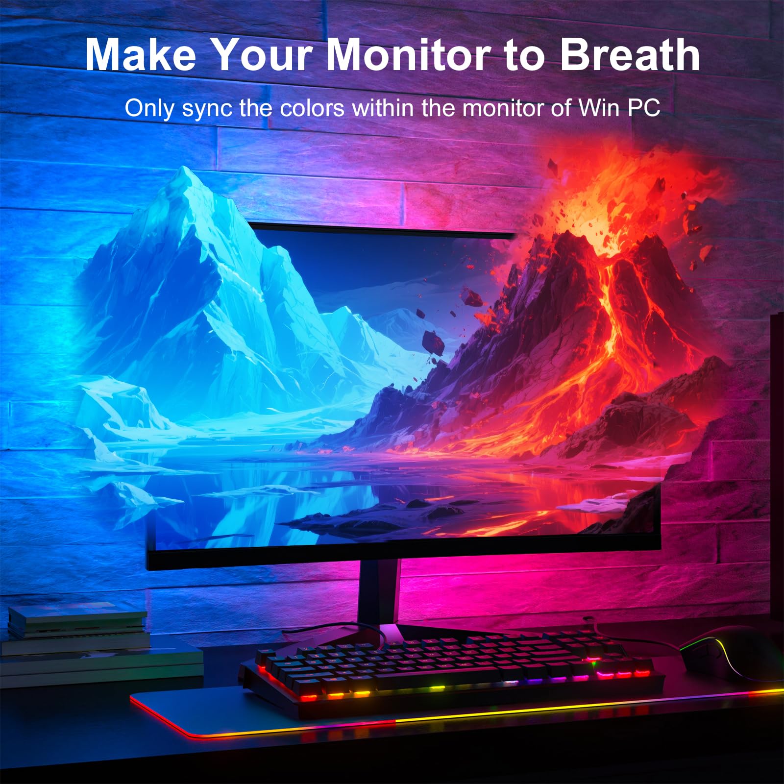 Lumtang monitor backlights demonstrate color-sync lighting that mirrors on-screen colors for dynamic gaming.
