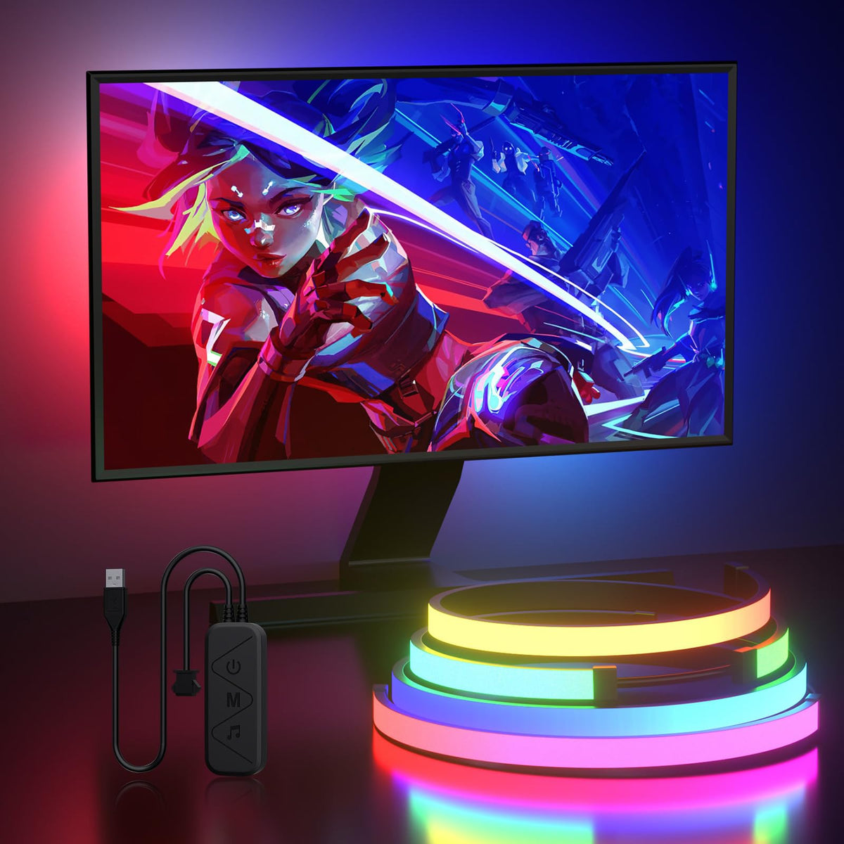 Lumtang monitor backlights installed on a 24-32 inch screen for immersive ambient lighting.