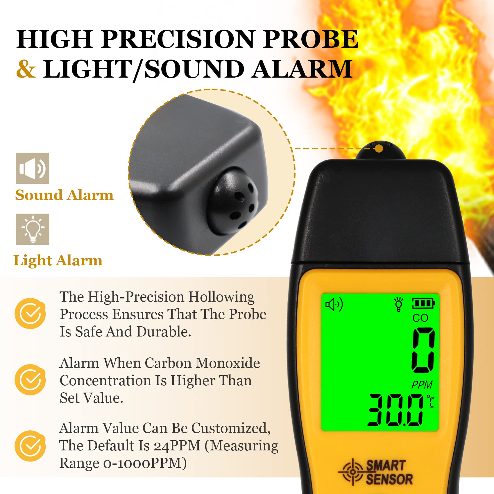 Lunarlipes CO detector LCD screen with bright backlight for visibility in low light.