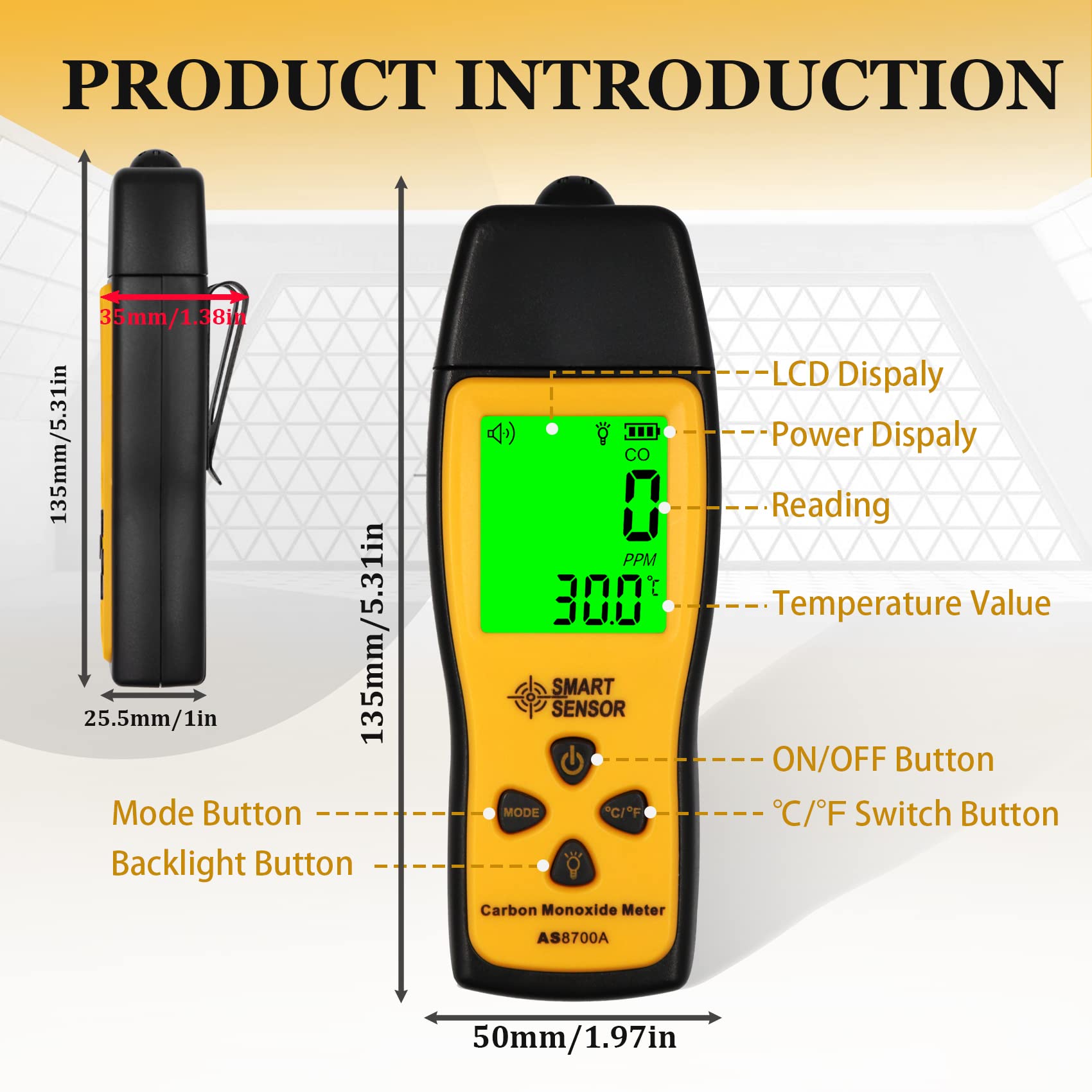 Lunarlipes CO detector warm-up screen ready within 120 seconds.