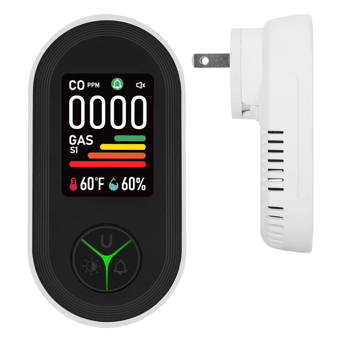 Lunarlipes plug-in CO and gas detector front view with real-time data display for peace of mind
