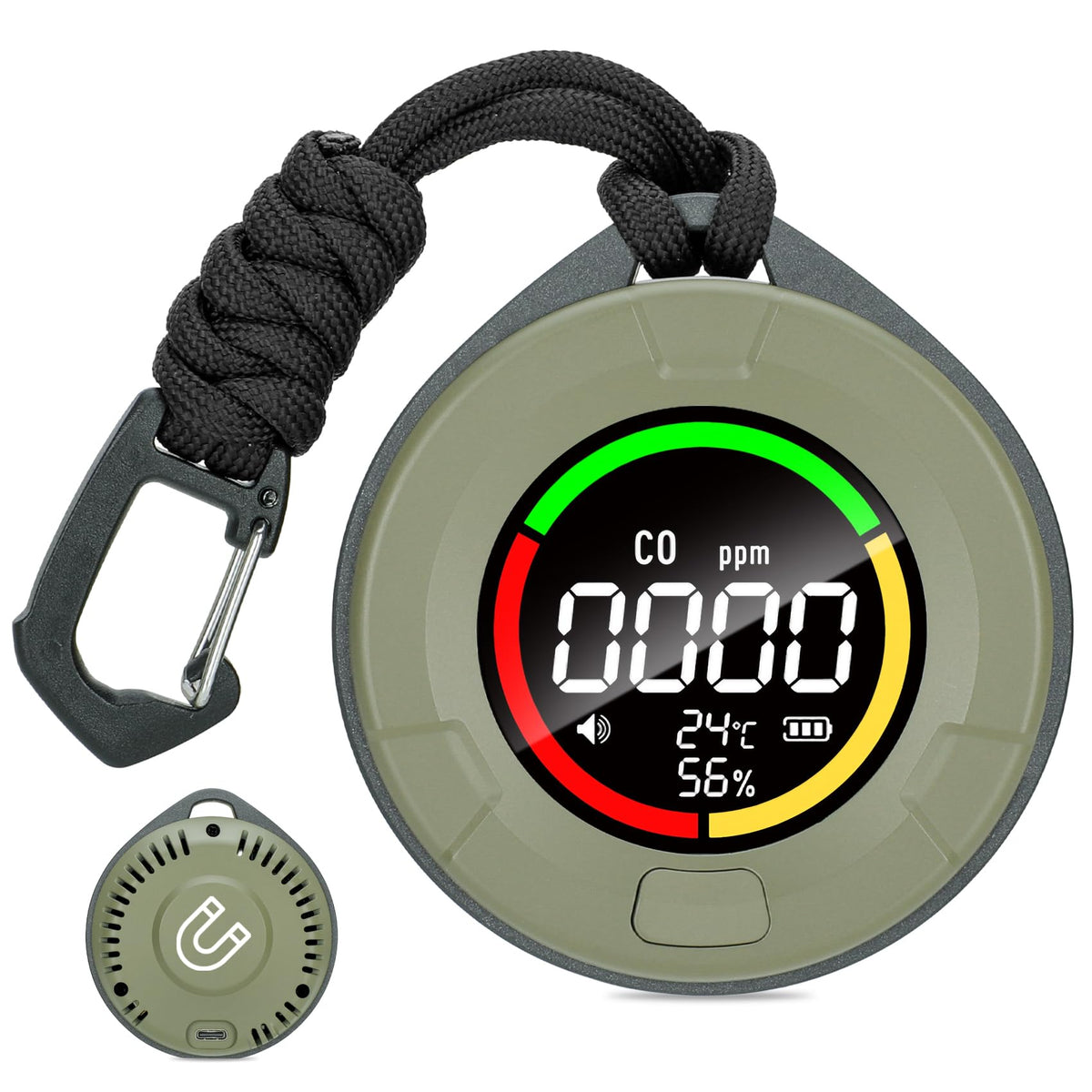 Lunarlipes portable CO detector in travel case showing compact design and safety monitoring