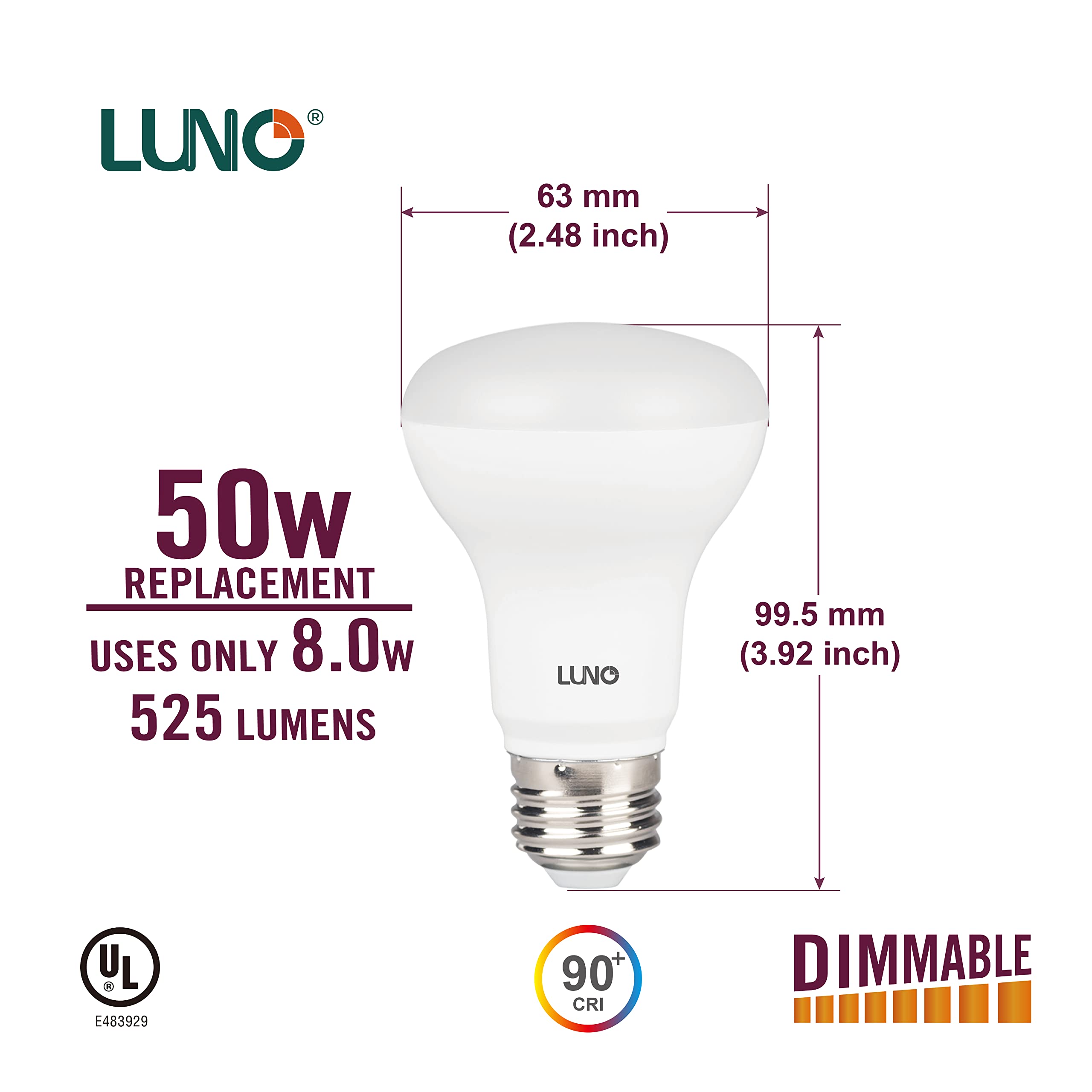 LUNO R20 dimmable LED bulb in living lamp delivers soft adjustable brightness