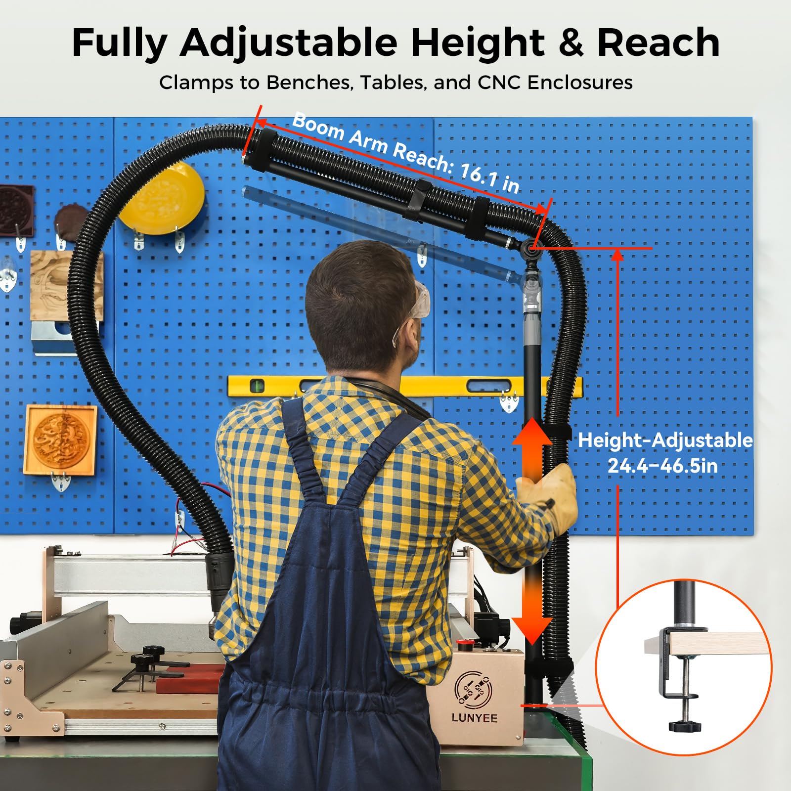LUNYEE boom arm adjustable-pivot enables flexible hose placement