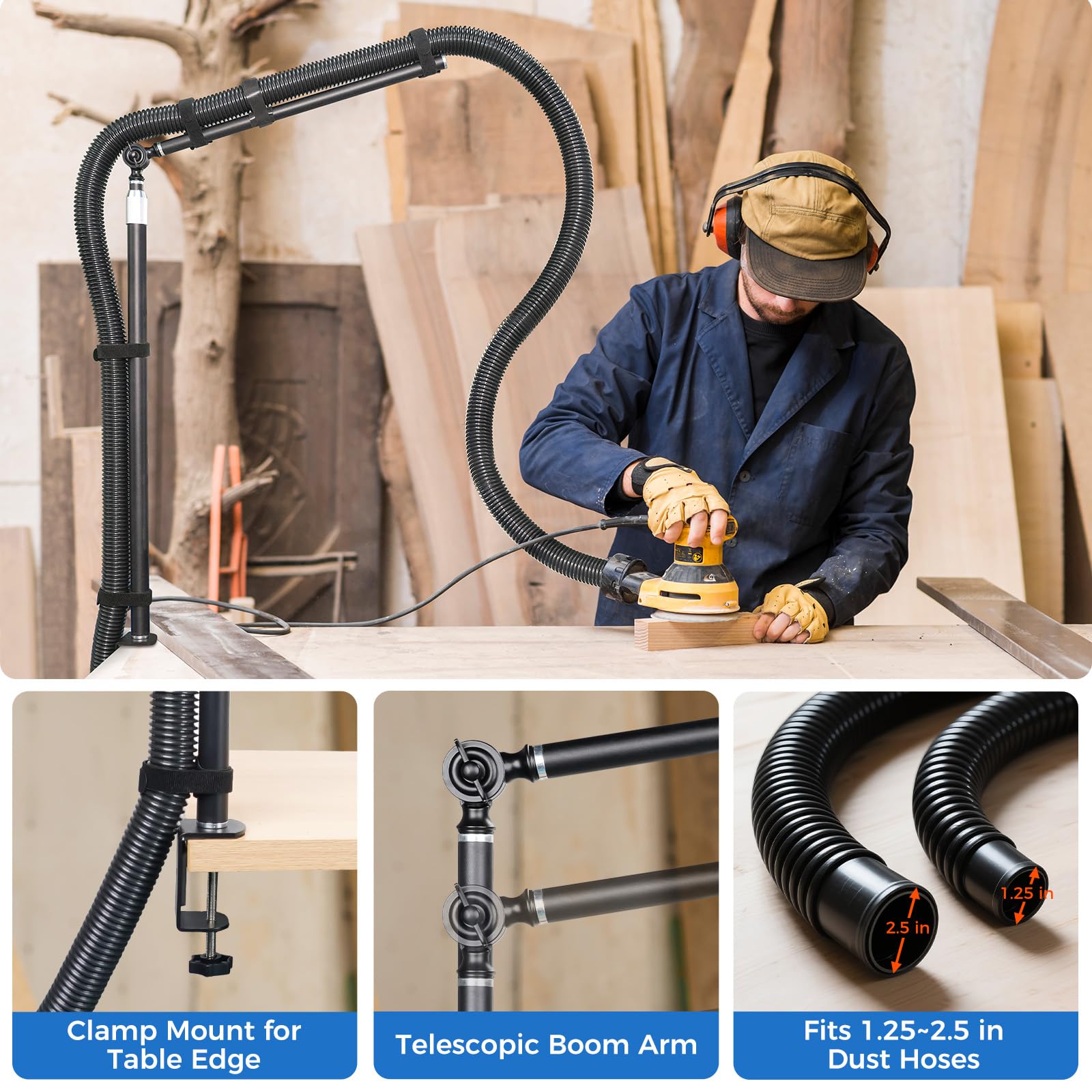 LUNYEE clamp-mount dust-hose-holder attaches securely to bench edge