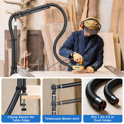 LUNYEE clamp-mount dust-hose-holder attaches securely to bench edge