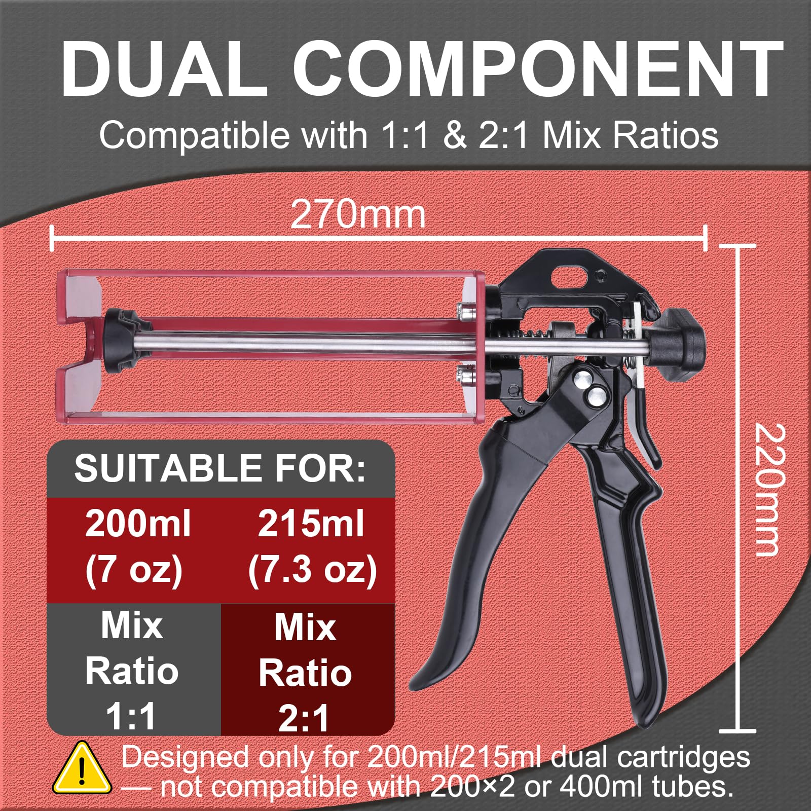 LUORIN epoxy gun dual-component 200ml side view highlights heavy-duty construction.