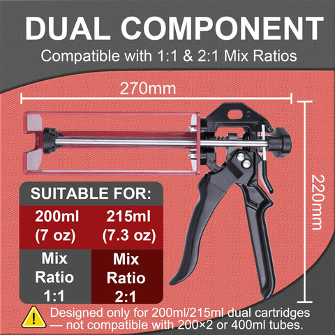 LUORIN epoxy gun dual-component 200ml side view highlights heavy-duty construction.