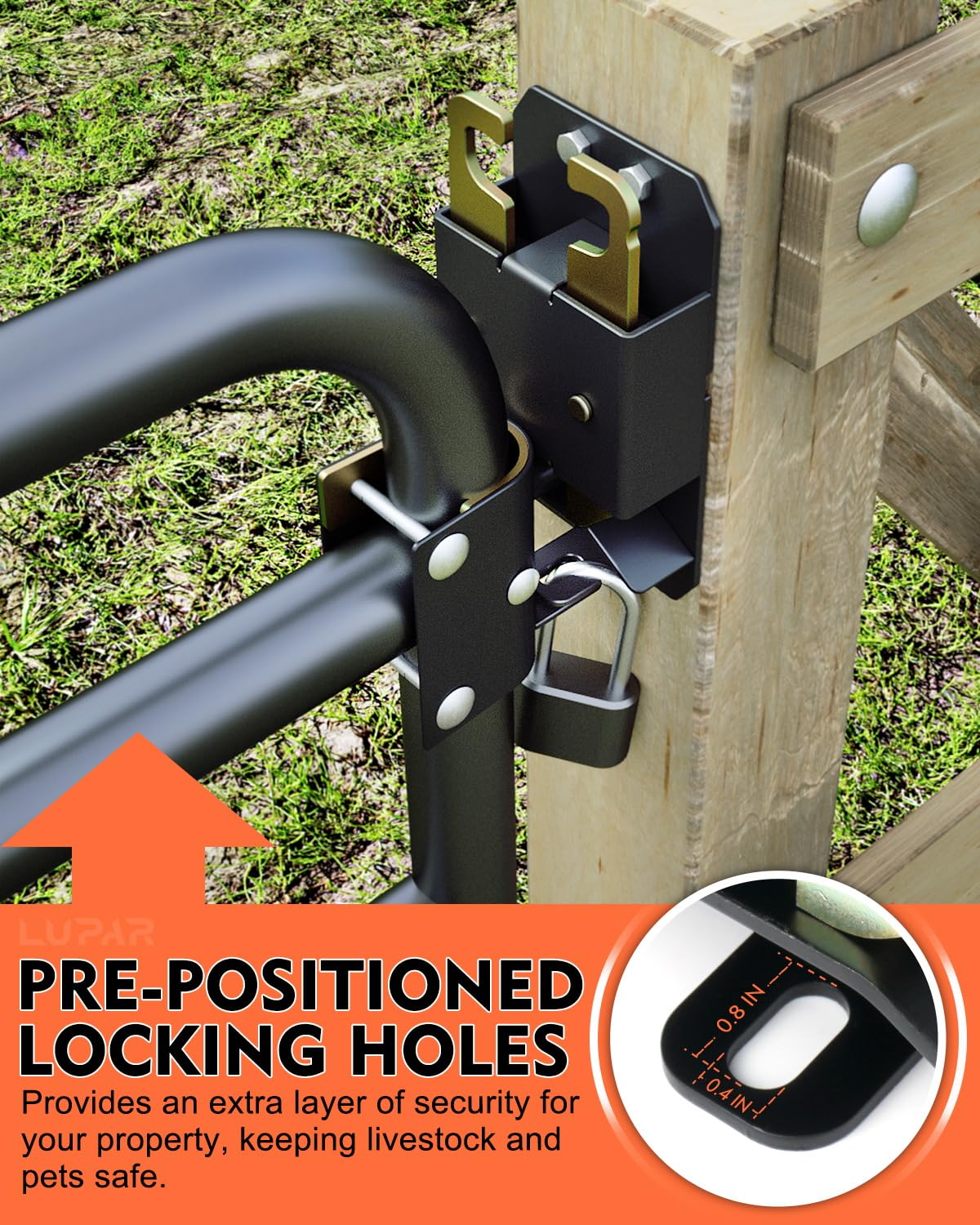 Padlock hole on Lupar gate latch for optional security.