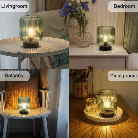 LUSHARBOR compact glass lamp on a bedside table, ideal for small spaces