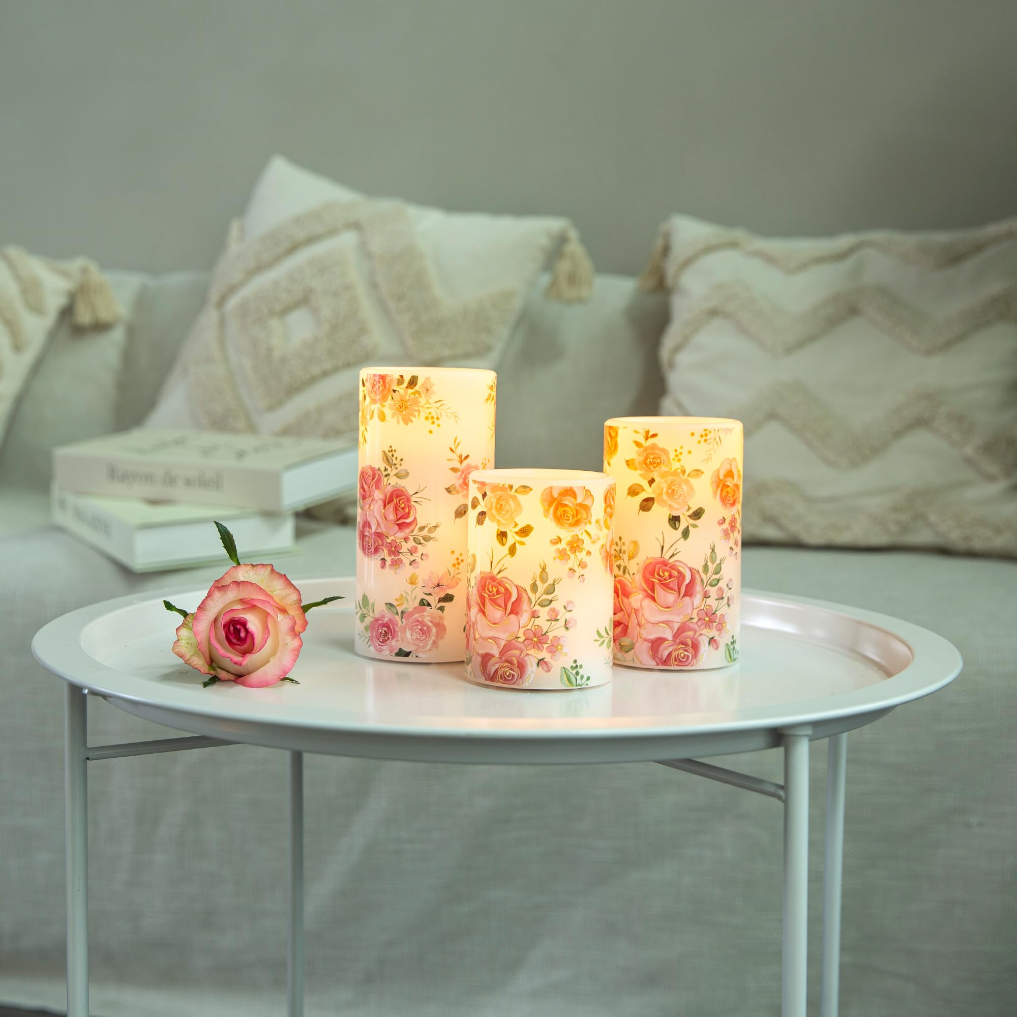 LUSHARBOR rose candle shown as a stylish dining room accent.
