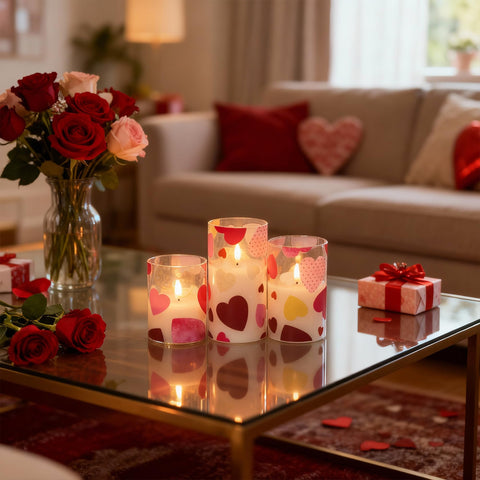 LUSHARBOR glass pillar with heart pattern adds elegant Valentine’s decor.