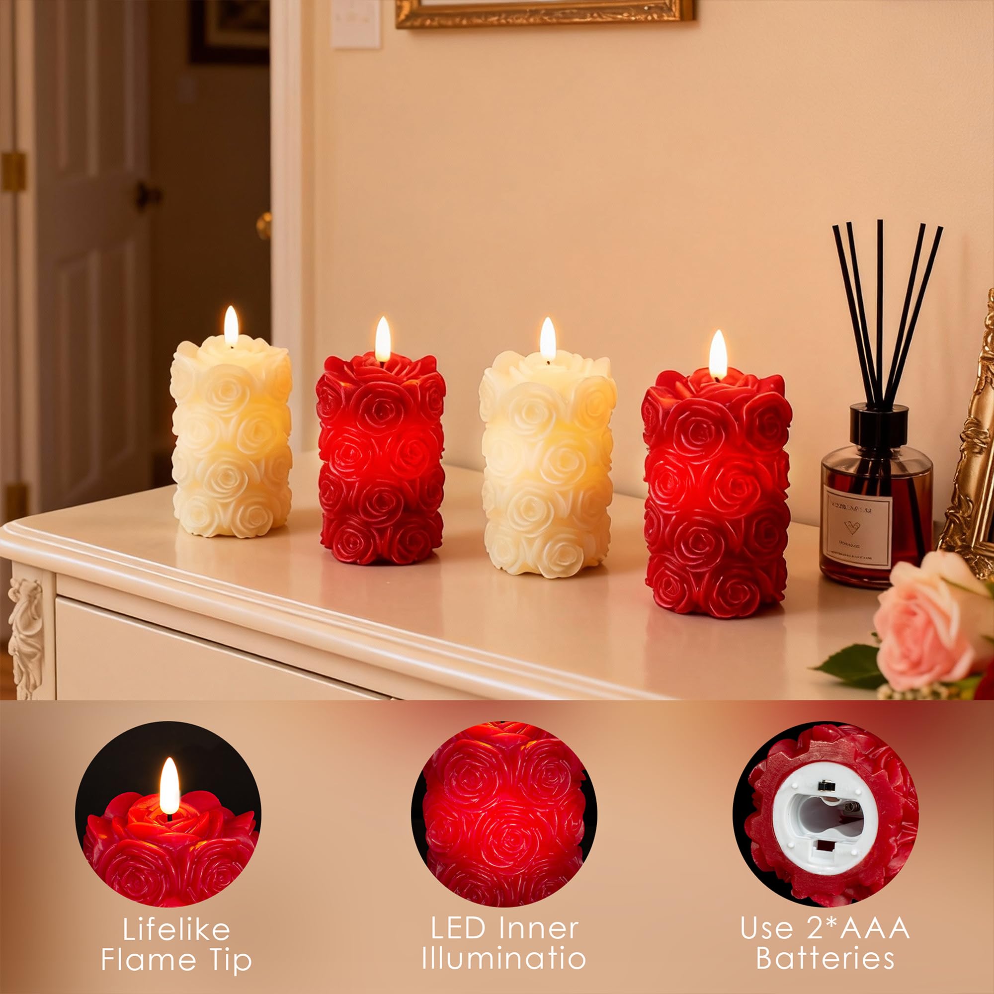 LED rose candle by LUSHARBOR showing timer options for daily use