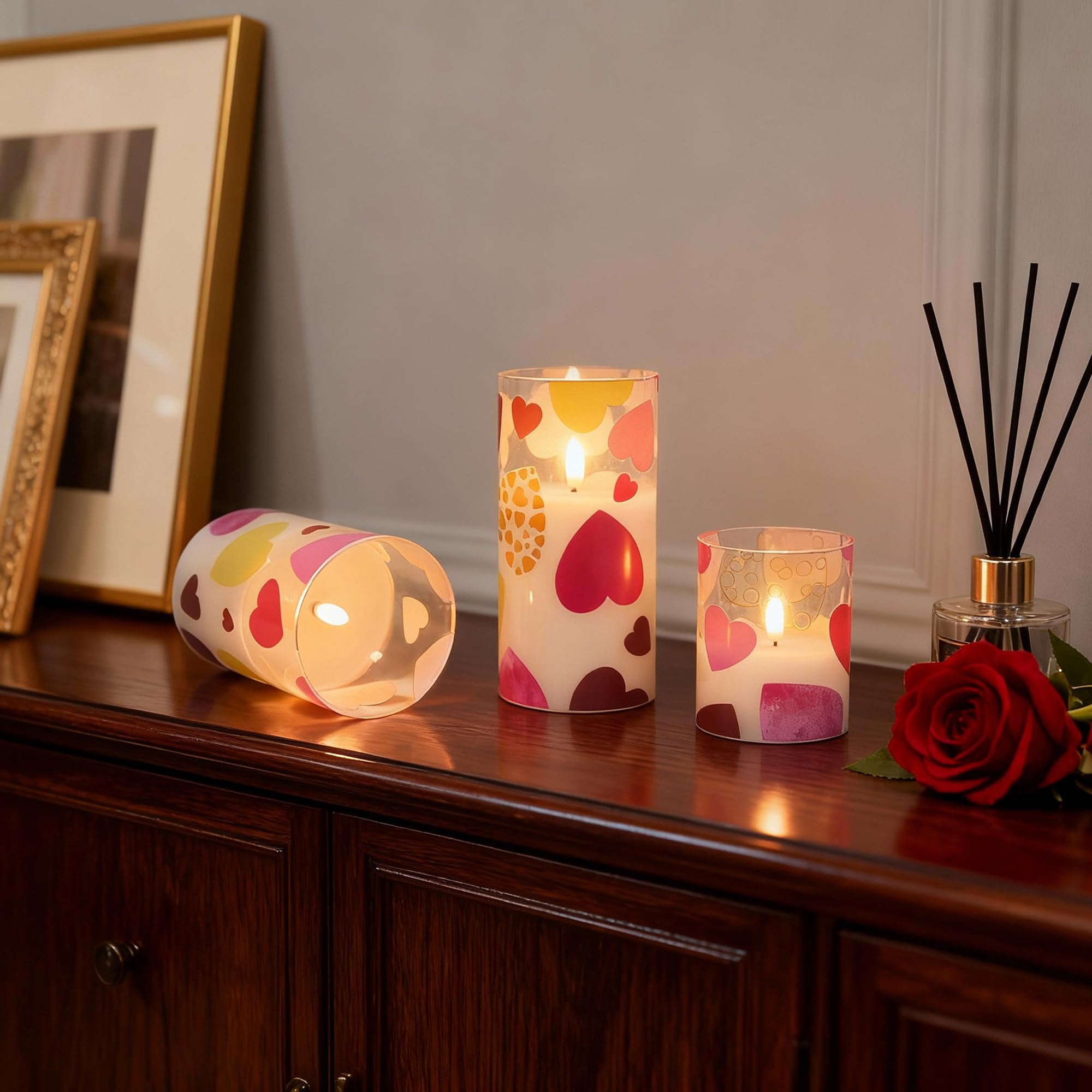 LUSHARBOR three-pack candles in four, five, six inch heights for layered tables.