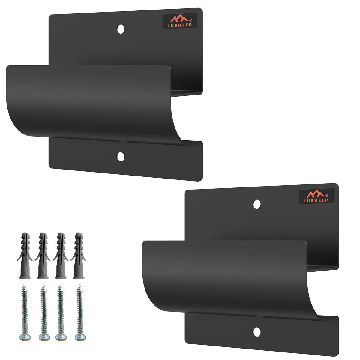 Lusheer ladder hooks on a garage wall holding a ladder for easy access.