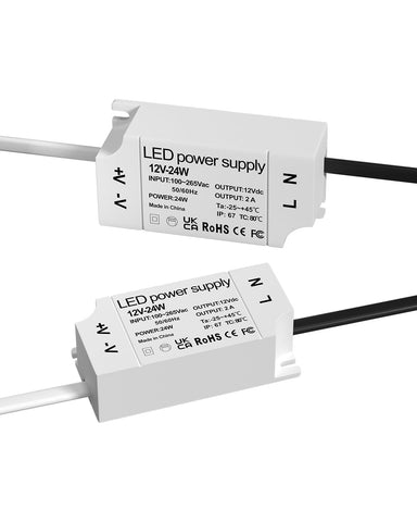 Lustaled 24W LED power supply with IP67 rating for outdoor use.