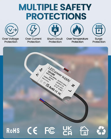 Lustaled 100-240V AC input supports global installations.