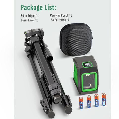 Lusweimi packaging contents include level, tripod, pouch, manual, and extra batteries.