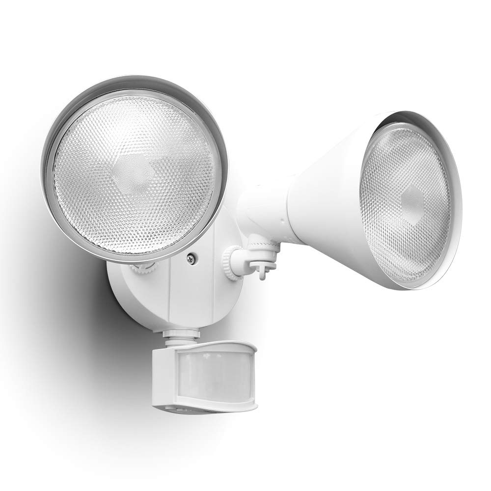 LUTEC 180-degree dual-head flood light front view for broad outdoor coverage.
