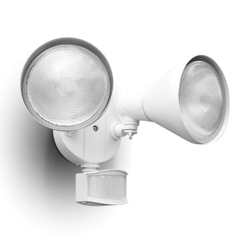 LUTEC 180-degree dual-head flood light front view for broad outdoor coverage.