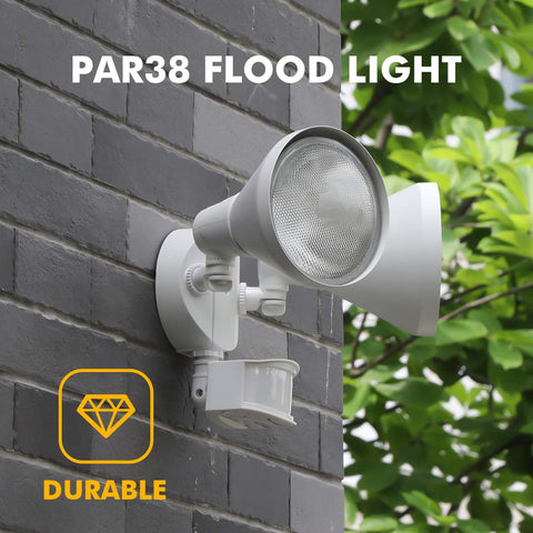 LUTEC dual-head flood light sensor area demonstrates motion coverage up to 65 ft.