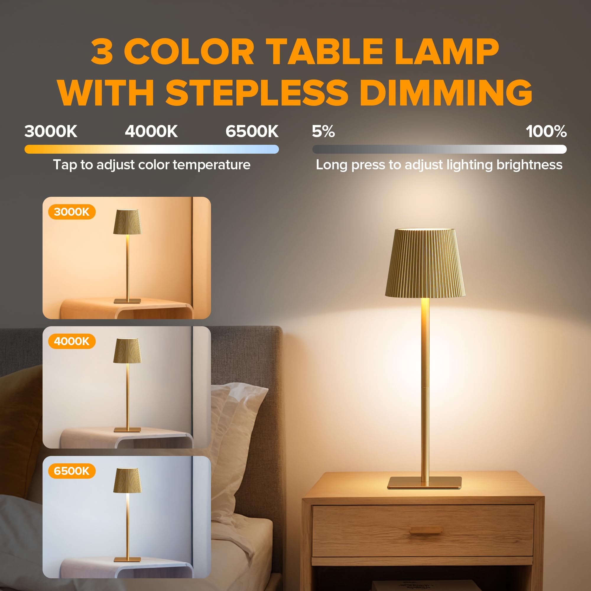 LUTEC cordless table lamp dimmed light in action for warm ambiance.